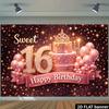 Escena 2D: El tema de la fiesta de 16 cumpleaños es "Dulces 16". Número 16 de diamante dorado, globos rosa dorado.