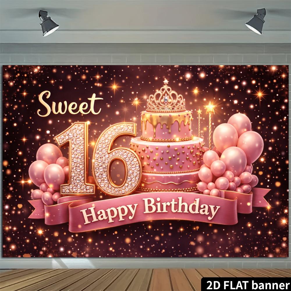 Escena 2D: El tema de la fiesta de 16 cumpleaños es "Dulces 16". Número 16 de diamante dorado, globos rosa dorado.