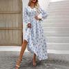 Women Floral Print V-neck Long Sleeve A-Line Dress Spring Summer Casual Elastic High Waist Ankle-Length Dresses