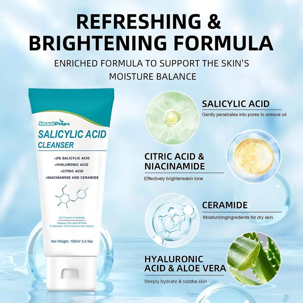 Salicylic Acid Face Cleanser Daily Face Wash 100g, Moisturizing Skin Cleansing Pores Gentle Foaming Deep Cleansing, 100ML