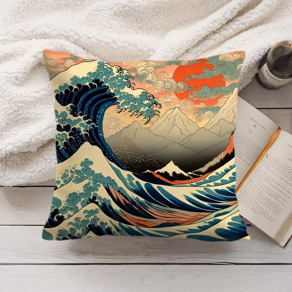 Blue Wave with Cherry Blossom Cushion Cover Silky Short Plush Invisible Zipper Dustproof Sofa Pillow Case for Home Decor