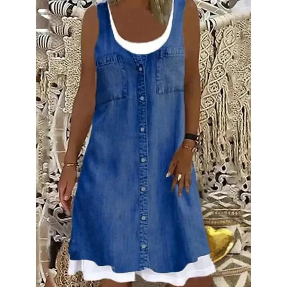 Nouvelle robe 2025 pour femme à impression numérique Fausse pièce deux pièces Imitation Jean Robe Décontractée Ample Col Rond Robe débardeur Femme Vestidos