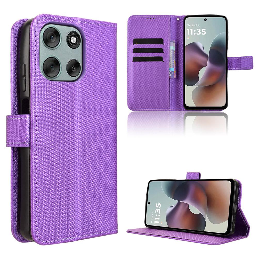 

For Motorola Moto G56 5G Leather Wallet Case with Strap Diamond Texture Phone Cover Purple