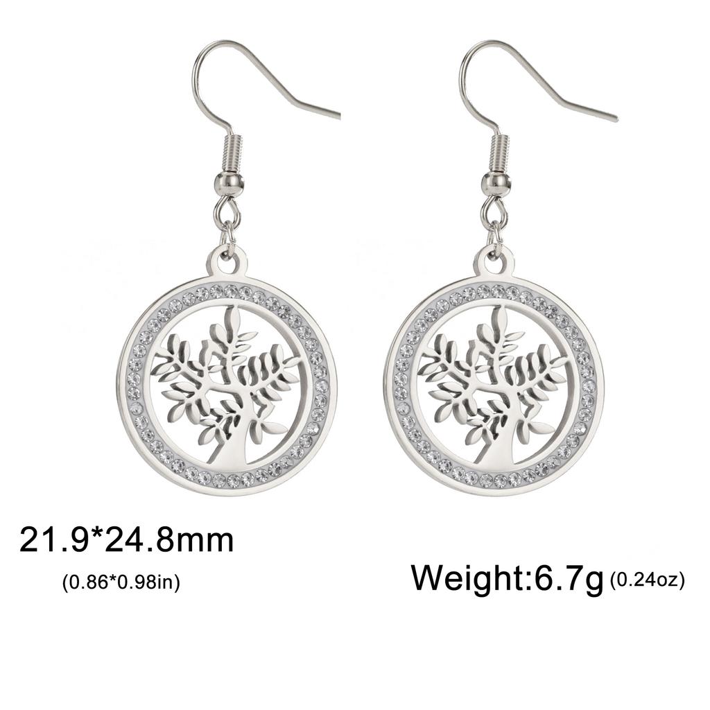 Tree of Life Women's Earrings Stainless Steel Gold Clear Zircon Round Pendant Dangle Earring Amulet Jewelry Gift