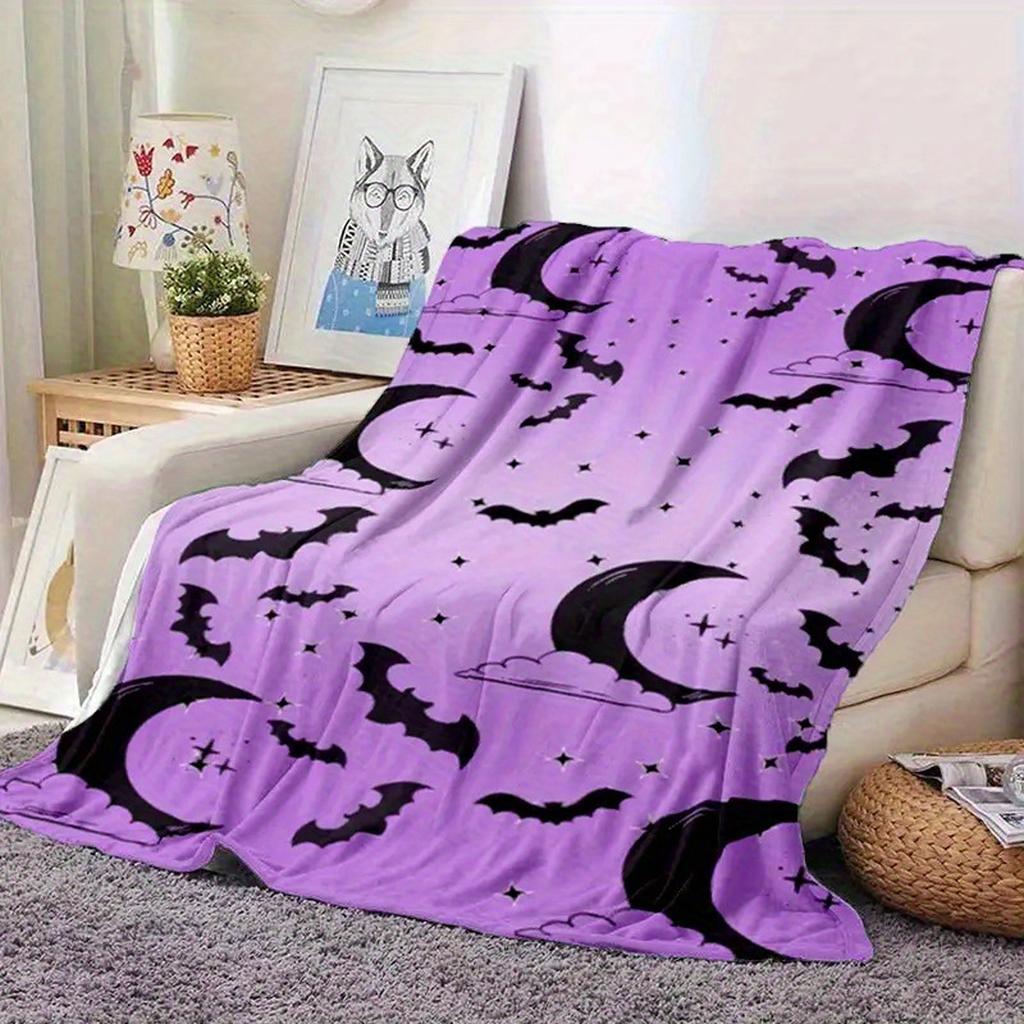 Purple Moon and Bat Pattern Flannel Throw Blanket Soft Lightweight Bed Sofa Cover, Gothic Style Aesthetic Decorative Plush Rug for Home Bedroom Gift