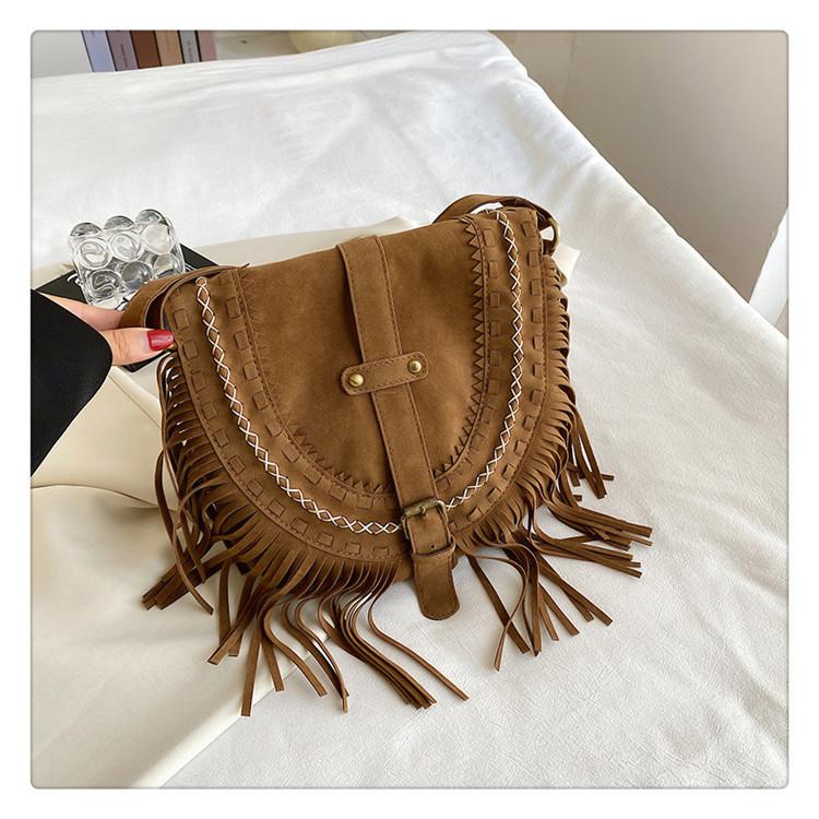 Tassel Bag Brown Retro Western Denim Bag Niche Ethnic Bohemian Messenger Bag Women's Trendy Shoulder Bag