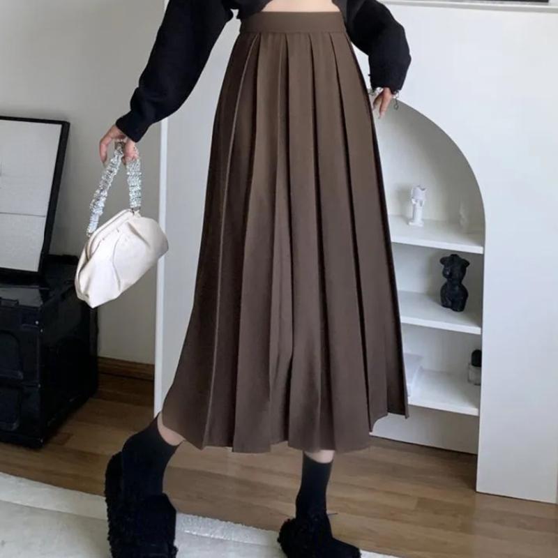 HOUZHOU Long Pleated Skirt Women Vintage Korean Fashion Solid High Waist A-line Midi Skirt School Girl Elegant Casual Autumn