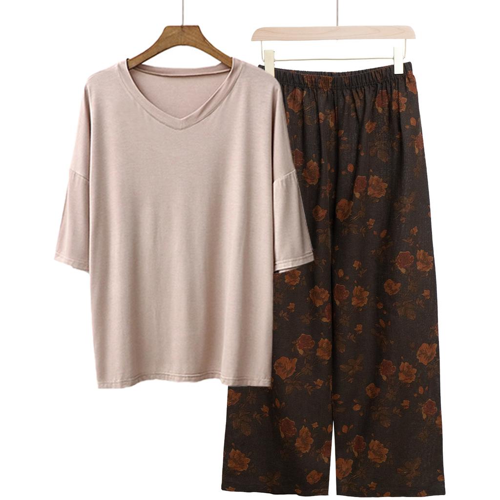 Pajamas Women's Spring and Summer New V-neck Short-sleeved Cotton and Linen Pants European and American Large-size Loungewear Two-piece Set