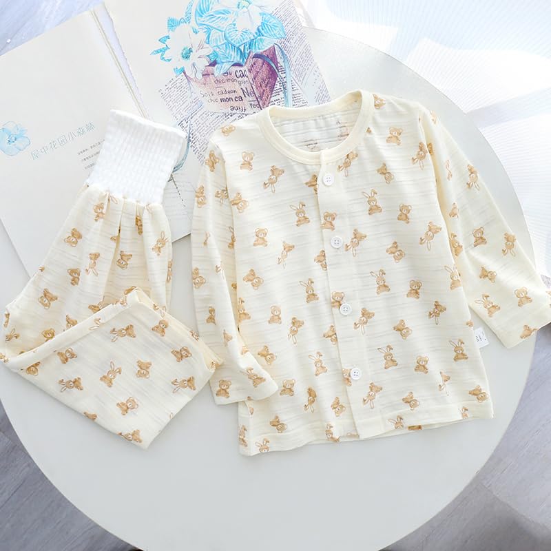 Baby Koi Baby Clothes Pajamas Long Sleeves Thin Cotton Belly Warmer Top and Bottom Set Front Opening Boys Clothes Mesh Pattern Gift Khaki Bear Pattern