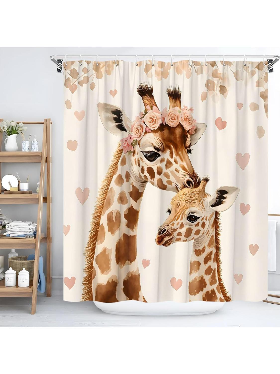

Funny Giraffe Shower Curtain Watercolor Tropical African Wildlife Safari Giraffe Forest Animal Love Heart Mother S Day Family W60H190(CM)-1 Pcs