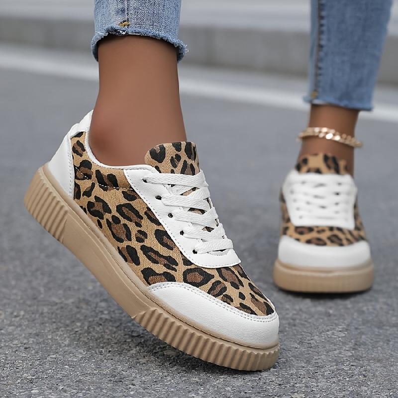 [Leopard Print Sneakers] Women's Beige&Black Low-Top Platform Sneakers Lace-Up Cushioned Breathable All-Season Casual Sports
