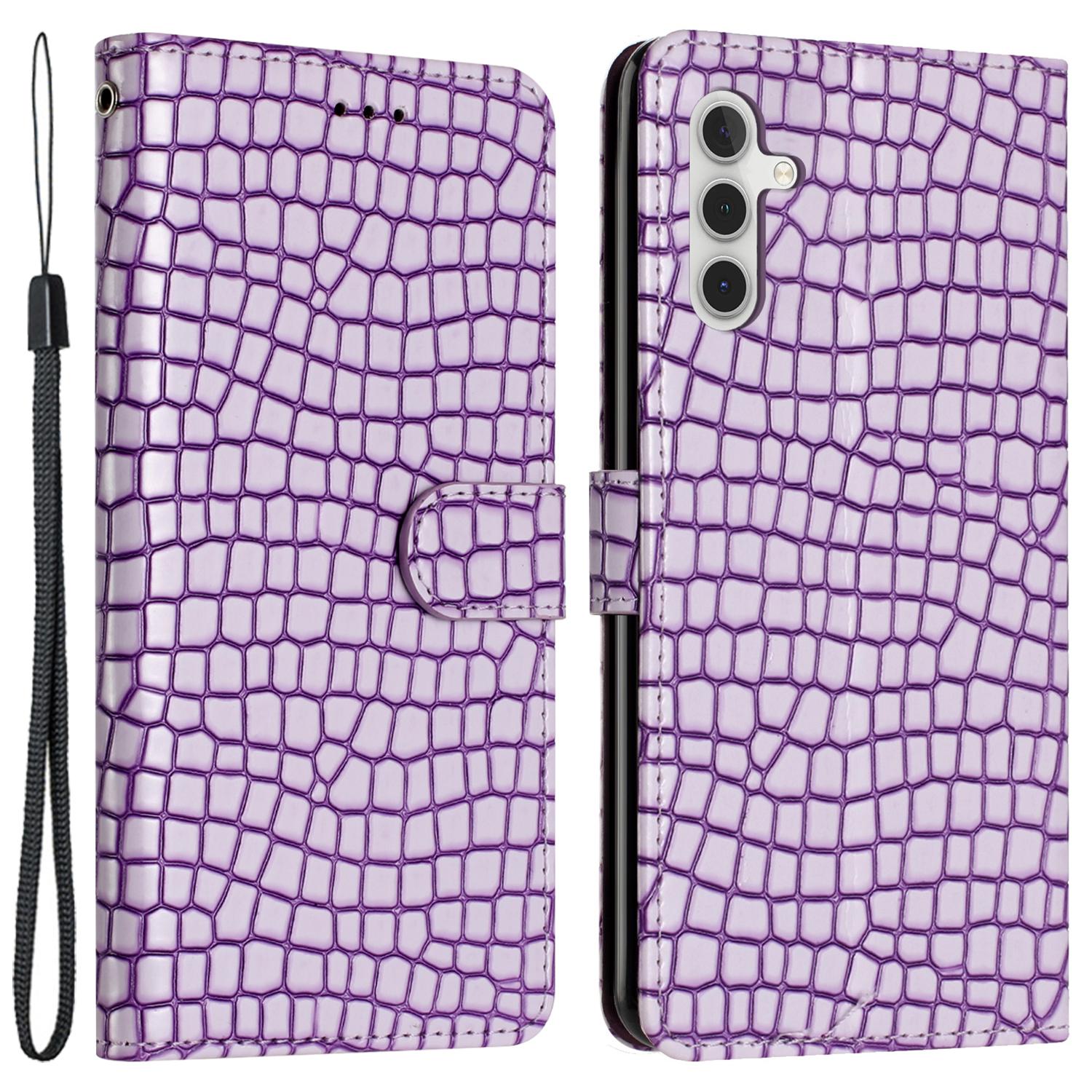 

For Samsung Galaxy S23 FE Anti-fall Leather Cover Crocodile Texture Phone Case Stand Wallet with Hand Strap Purple