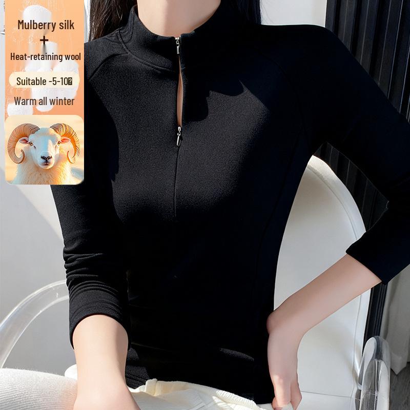 Women's Zipper Stand Collar Long Sleeve T-shirt - Autumn/Winter Warm Fashion Base Layer