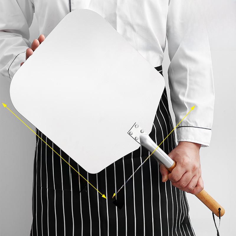 European & American 12"-14" Square Oak-Handled Aluminum Pizza Peel - Long Handle & Detachable Shovel for Oven Transfer.