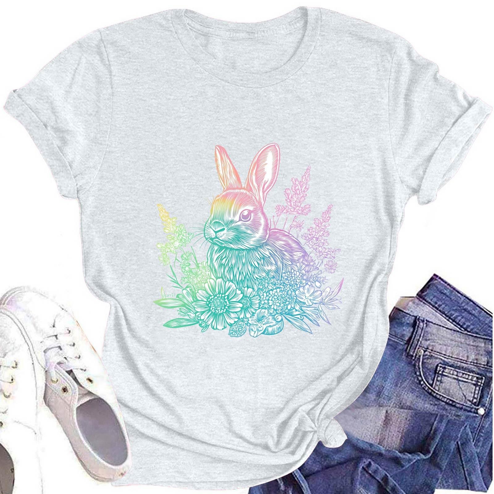 

Women s Fashion Round Neck Short Sleeve T-Shirt Easter Printed Casual Top XL білий