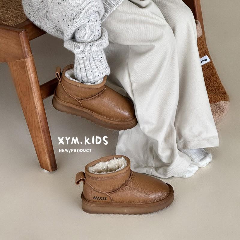 Kids Winter Snow Boots Boys Girls Genuine Leather Ankle With Warm Cotton Lining Anti-Slip TPR Sole