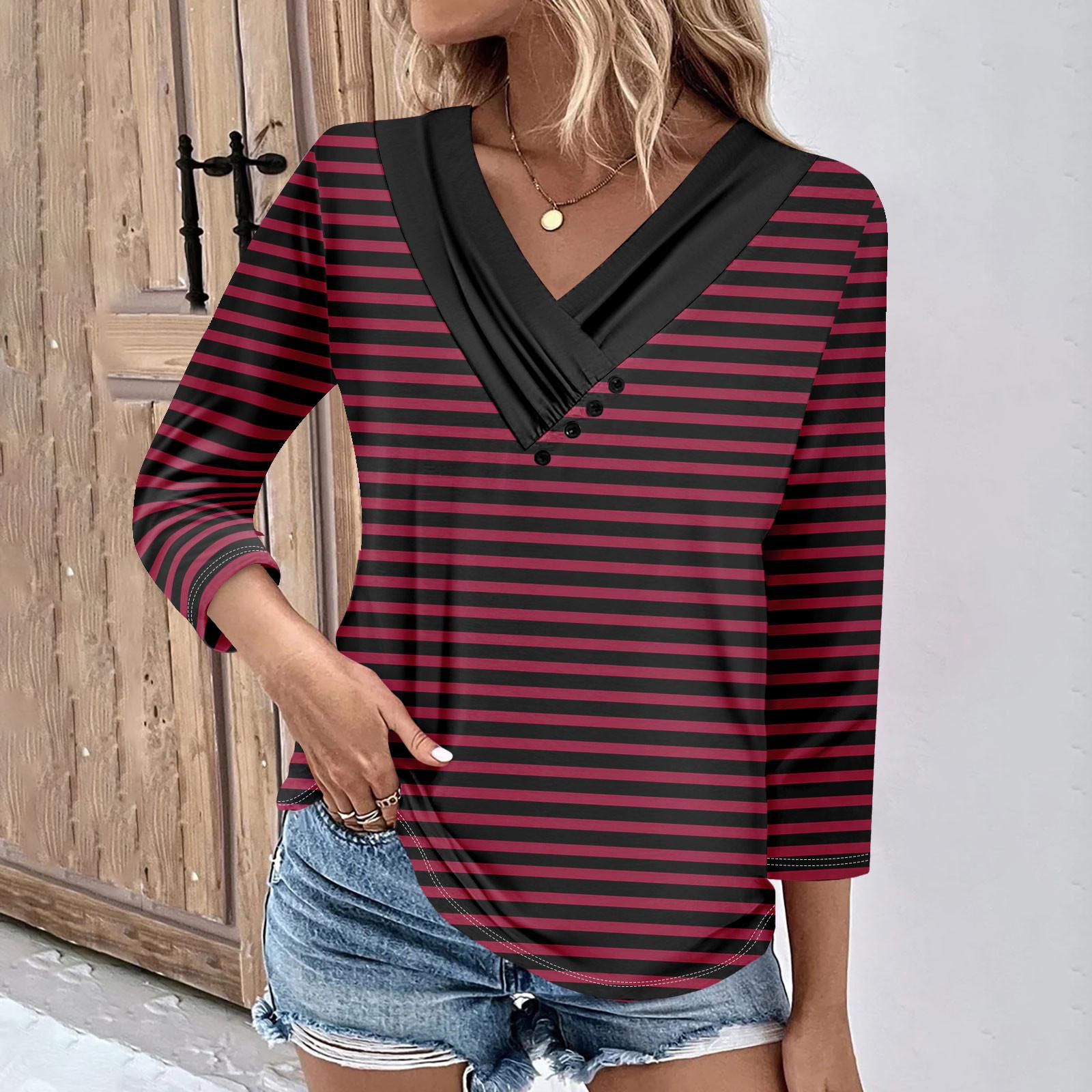 

Женские повседневные футболки с рукавом 3/4 для выходных с V-образным вырезом и принтом, свободные плиссированные футболки, женская блузка XL винный