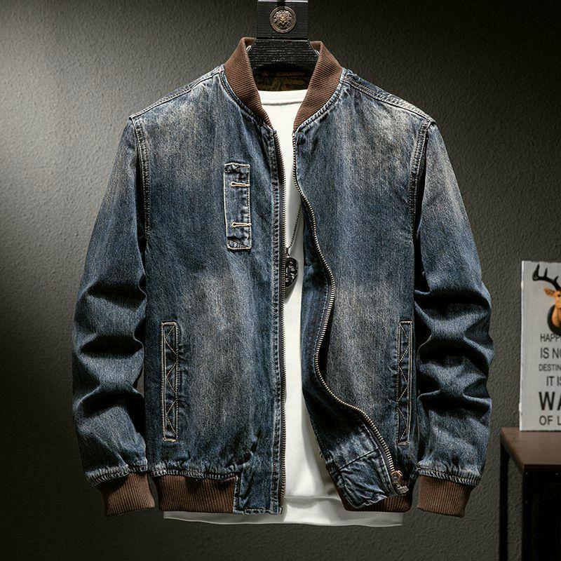 Men's Trendy Retro Motorcycle Denim Jacket - Slim Fit, Fashionable Baseball Collar for Autumn and Winter.