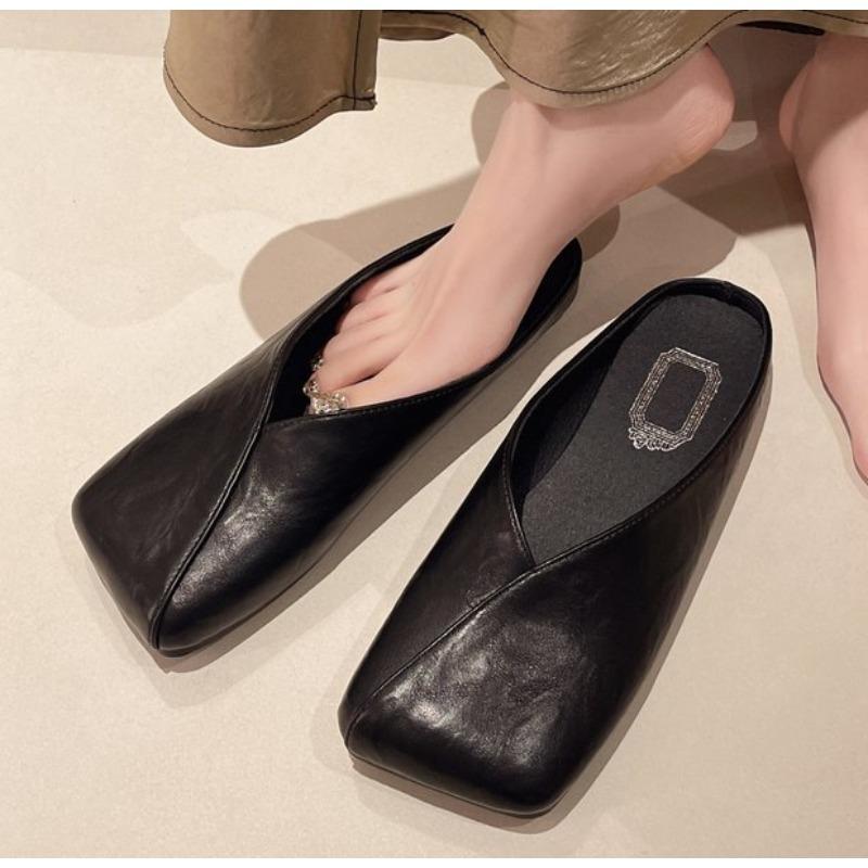 Fashion New Women Mules Summer Elegant Square Closed Toe Flat Slippers Female Shoes Casual Leather Black White Slides Plus Size 35-42
