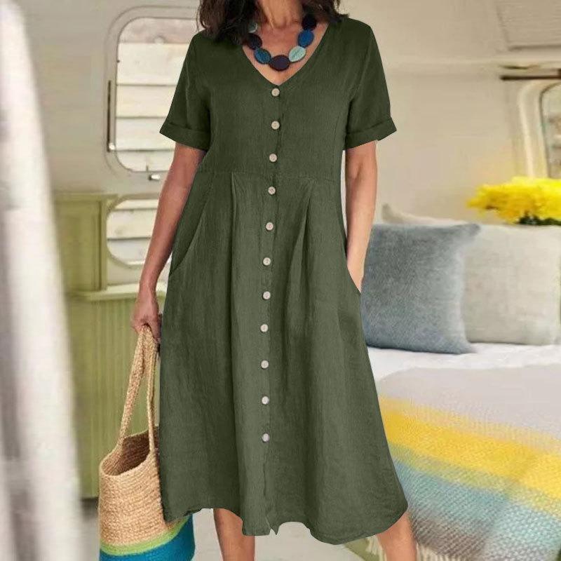 Fashion V Neck Short Sleeve Summer Women Shirt Dress Solid Color Loose Elegant High Waist Casual A-line Dresses Female Simple Office Pockets Clothing