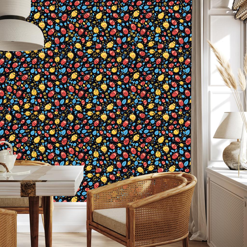 Ladybugs Wallpaper Navy Blue and Ochre for Living Room and Bedroom 50x1000
