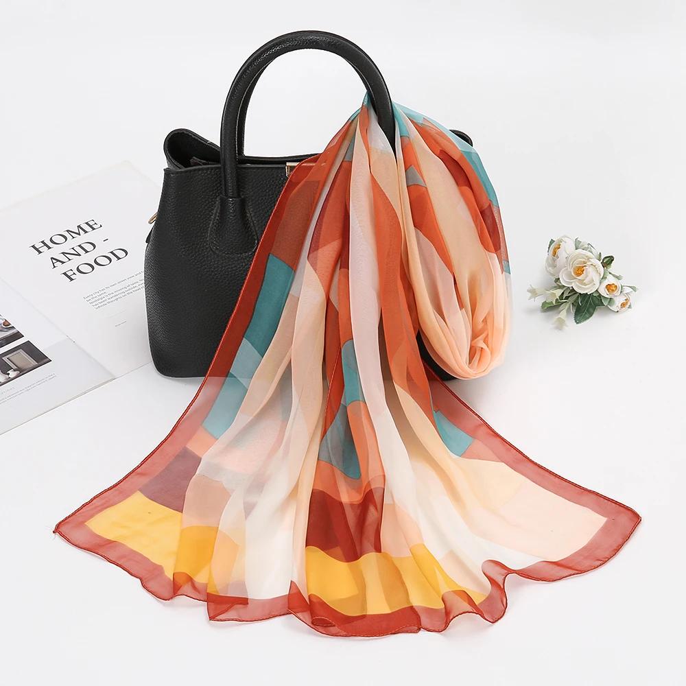 Silk Scarf Chiffon Hijabs For Women Elegant Woman Shawls Wraps Geometric Print Beach Stole Scarves Foulard Femme Hijab 150*50Cm