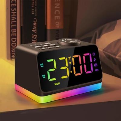 HUO JI Digital Alarm Clock with Large LED Screen, Adjustable Color & Brightness, Radio, 8-Color Dimmable Night Light, Nature Sounds, Sleep Timer, Doub