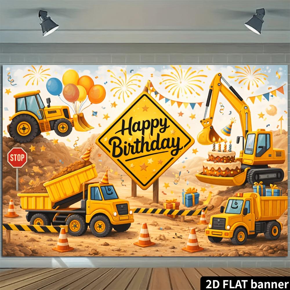 Sfondo striscione per festa di compleanno a tema veicoli da cantiere con bulldozer escavatori camion ribaltabili e altri da cantiere