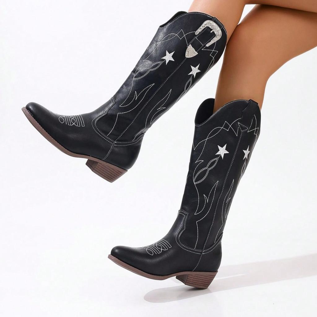 Fashion Plus Size Embroidered Tutch Knight Boots Women's High Top Fashionable Versatile New Style European And American Women's Footwear