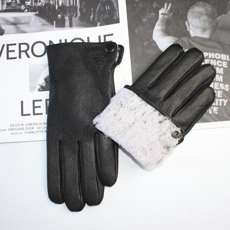 New men's deerskin driving gloves leather corrugated winter thickening warm imitation rabbit fur lining straight gloves autumn