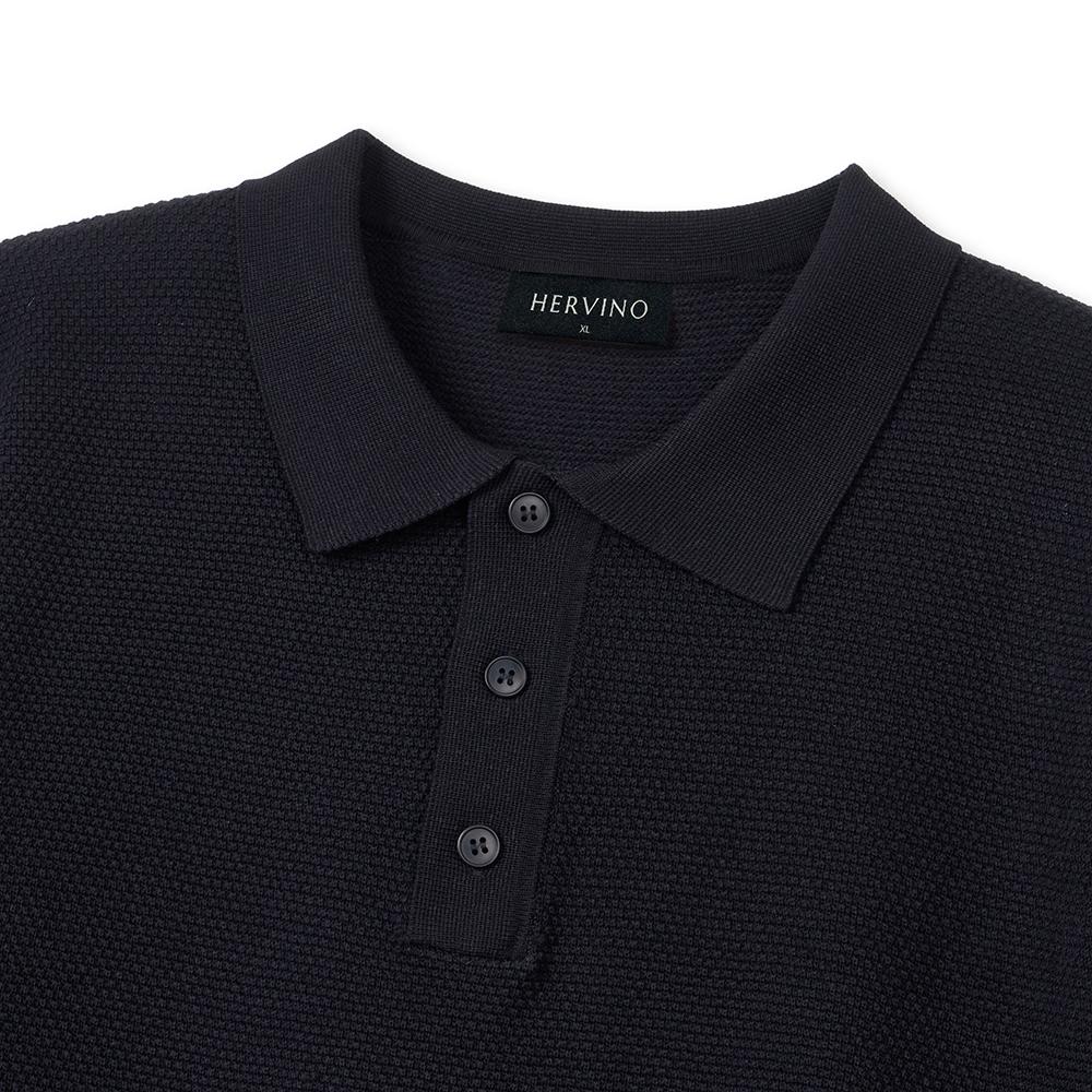 HERVINO Comfort Button Muscle Fit Collared Short Sleeve Knit [Navy]