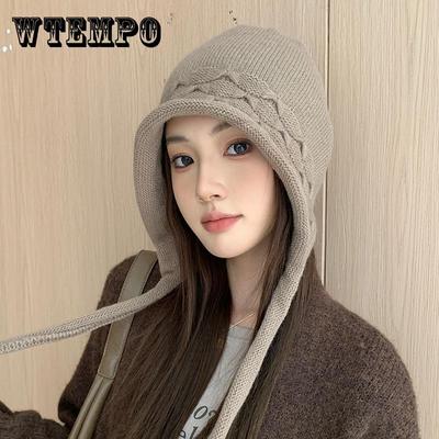 Gorro de lã de cor sólida, simples, à prova de frio, com aba para as orelhas, chapéu clássico de malha, gorro quente de inverno, gorro elástico para mulheres