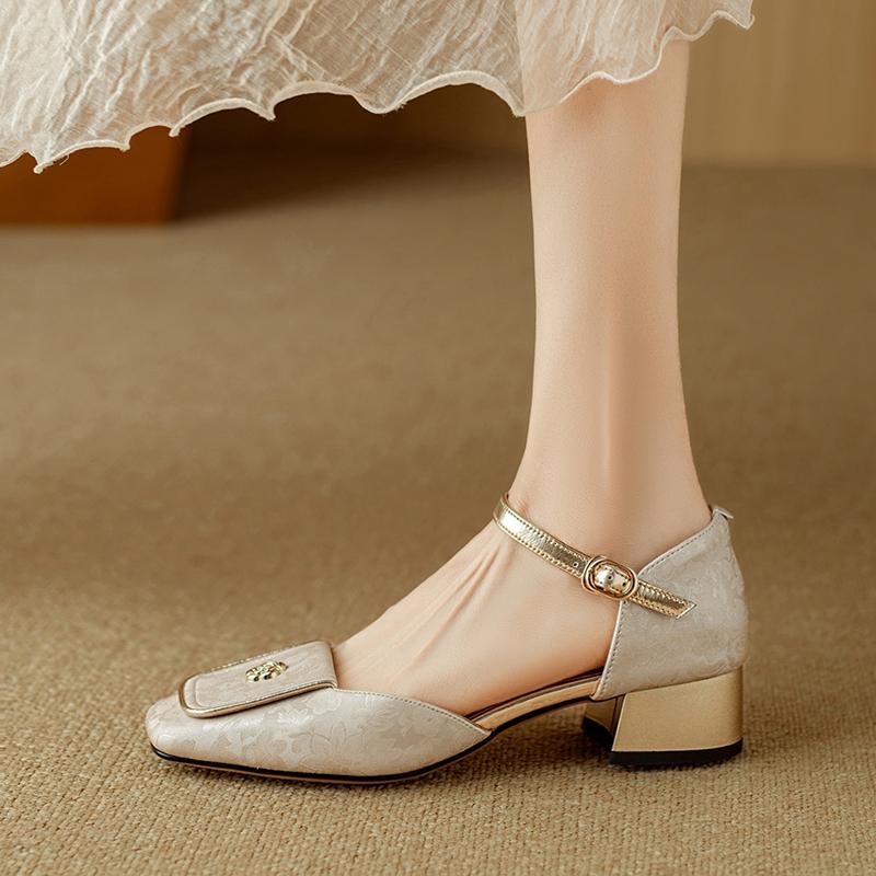 Fashion Women's New Square Headband with Genuine Leather Printed Cowhide Metal Fasteners, Large Headband with Middle Heel Muller Sandals