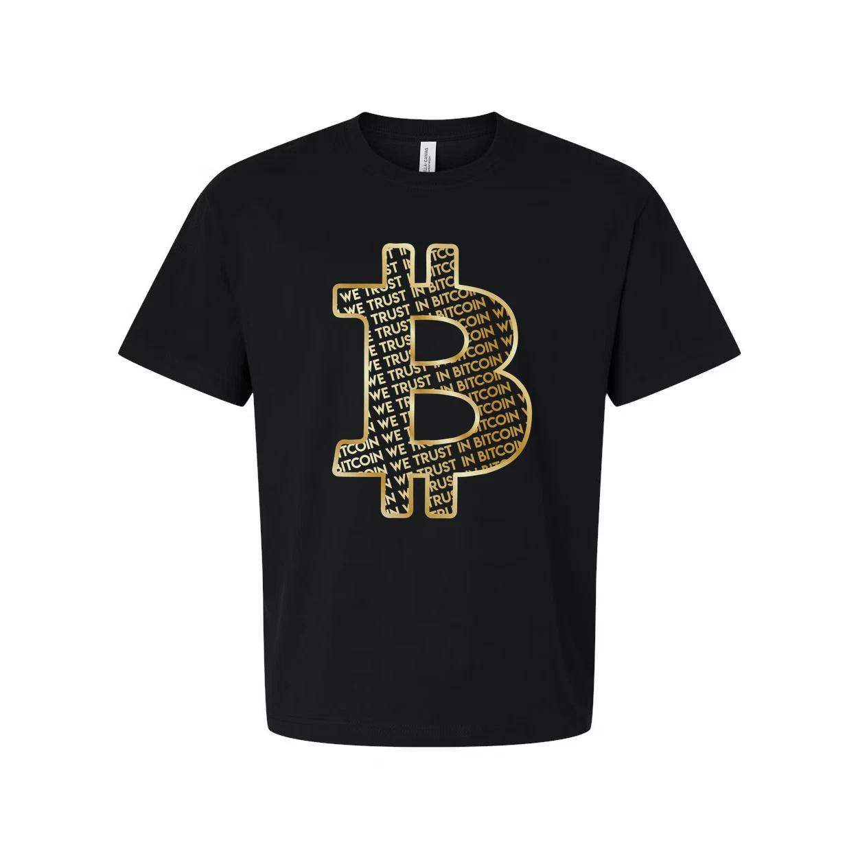 

Unisex Bitcoin Symbol Graphic Tee With Gold Outline And Trust In Bitcoin Pattern L
