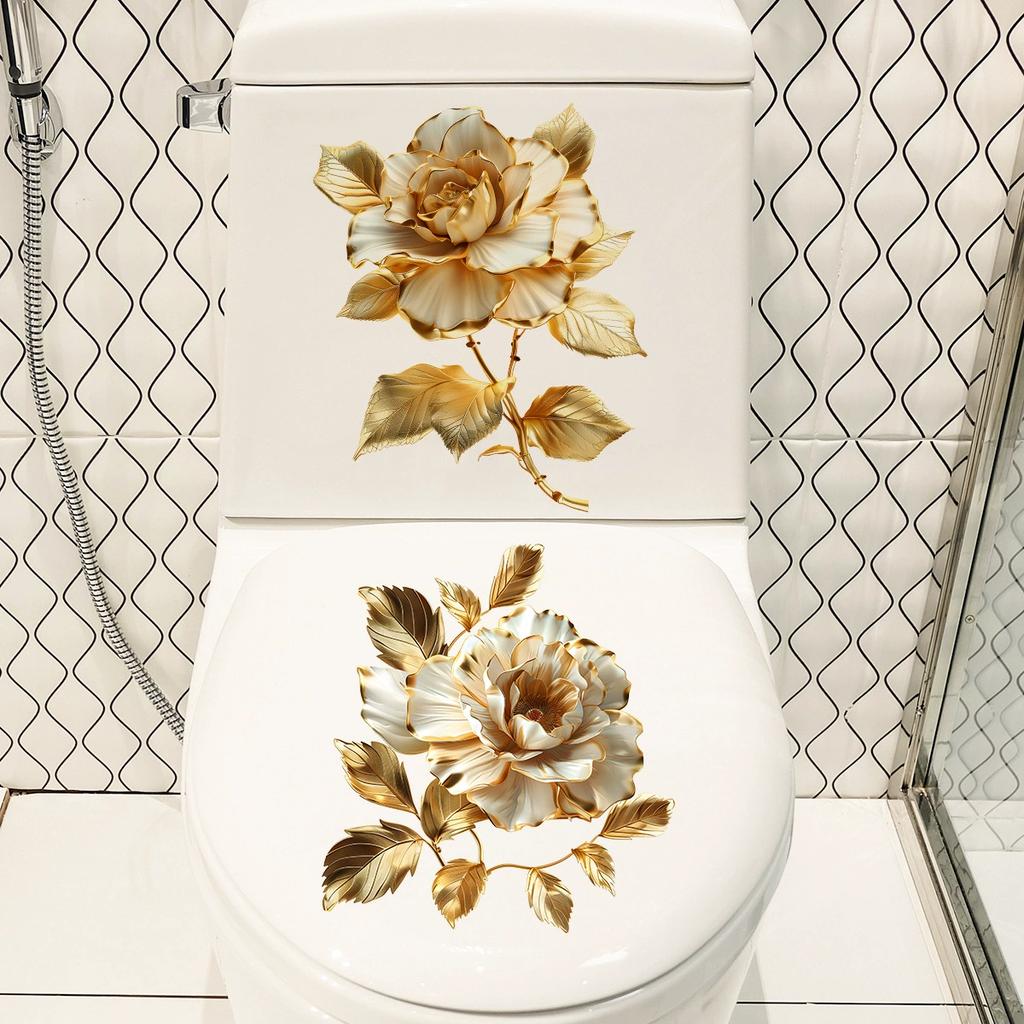 Creative Golden Floral Toilet Decal for Bathroom Washroom Background Decoration Self-Adhesive Removable
