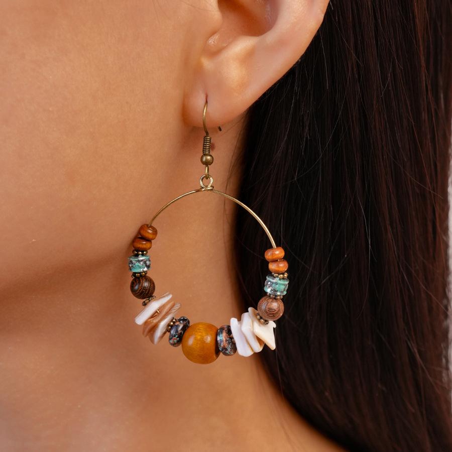 Ethnic style shell wooden beads beaded irregular ear hooks retro niche design exaggerated earrings