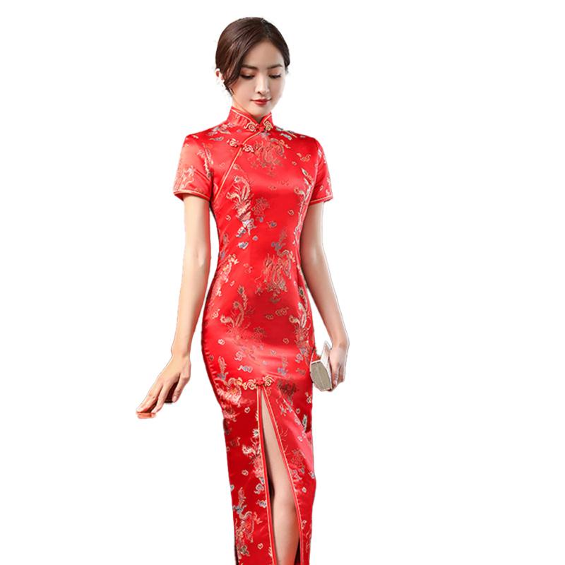 Women Short-sleeved Cheongsam  Dress Elegant High Split Hem Stand-up Collar Retro Chinese Style
