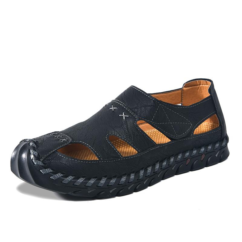 Fashion Versatile Summer Men Sandals Genuine Leather Mens Casual Shoes Outdoor Man Besch Shoes Hollow Out Roman Flats Wading Aqua Shoes