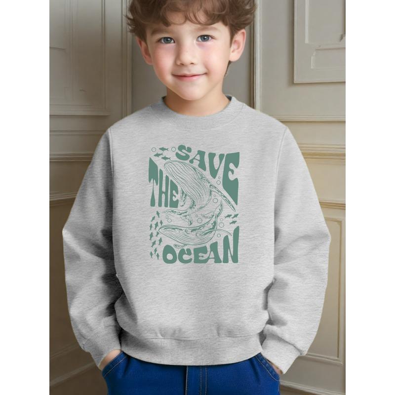Kids Casual Crew Neck Pullover with Save the Ocean Whale Pattern for Daily Wear and Casual Occasions