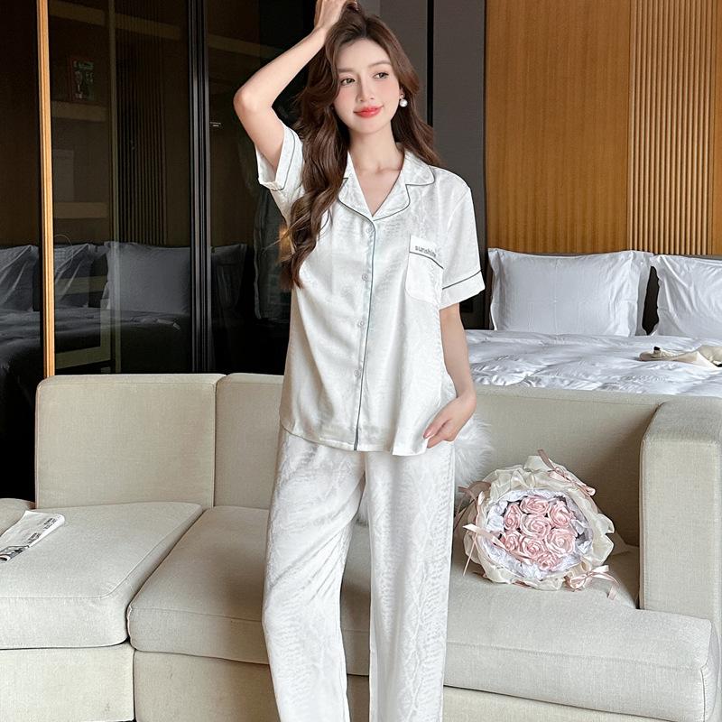1011 New Ice Silk Couple Pajamas Women's Summer Short-sleeved Trousers Simple Suit Silk High-end Loungewear