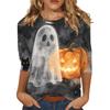 Women's Halloween Print Casual Neck Three-Quarter Sleeve Top for Holiday Party and Daily Wear