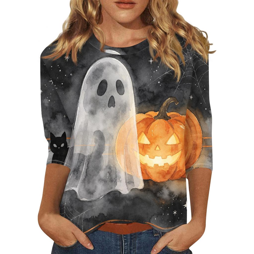 Women's Halloween Print Casual Neck Three-Quarter Sleeve Top for Holiday Party and Daily Wear