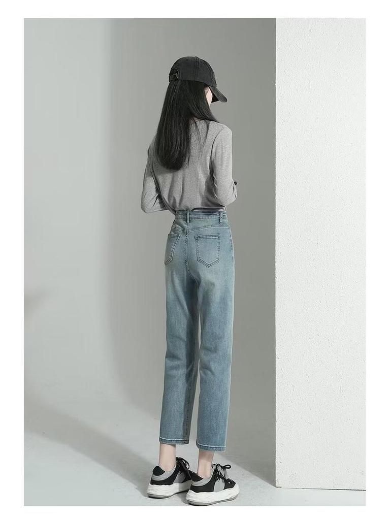 2025 Spring/Autumn Women's High Waist Straight Leg Jeans - Slimming Light Tone Cropped Cigarette Pants