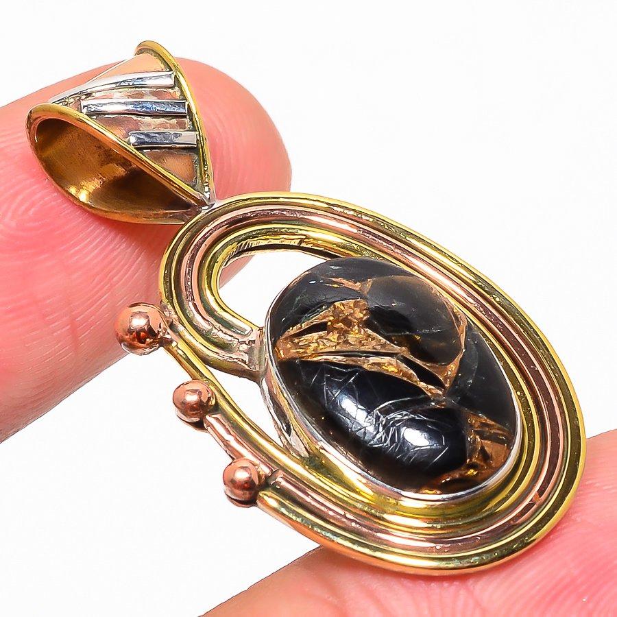 Natural Black Turquoise TwoTone 925 Solid Sterling Silver Pendant 1.50" l7E80