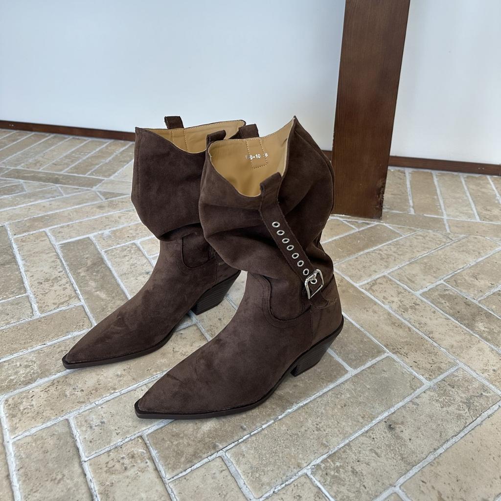 Retro style heightened and thin pleated stacking boots brown Maillard medium boots women's thick heel western cowboy boots short boots