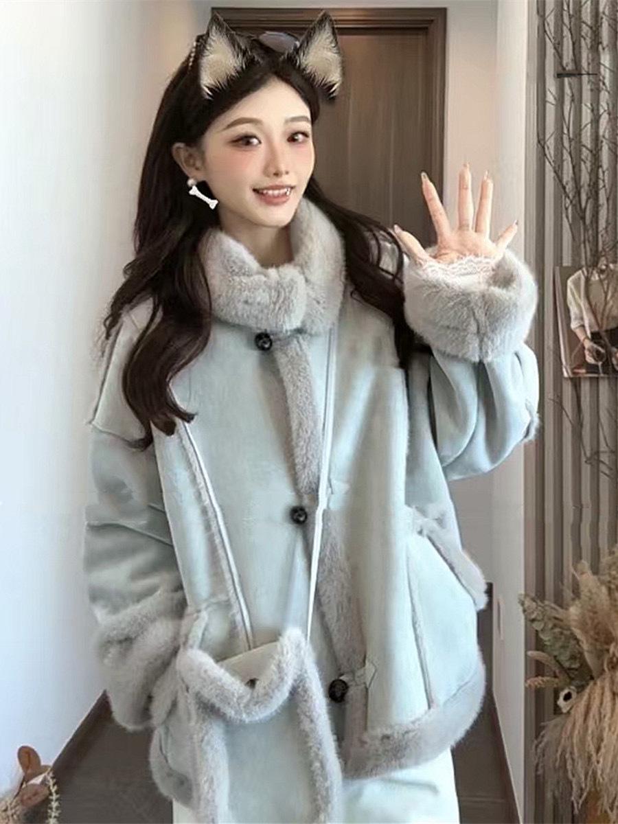 

Женская кожаная куртка с меховой отделкой, зима 2024: Теплое, Универсальное, Модное пальто со стойкой Small синий