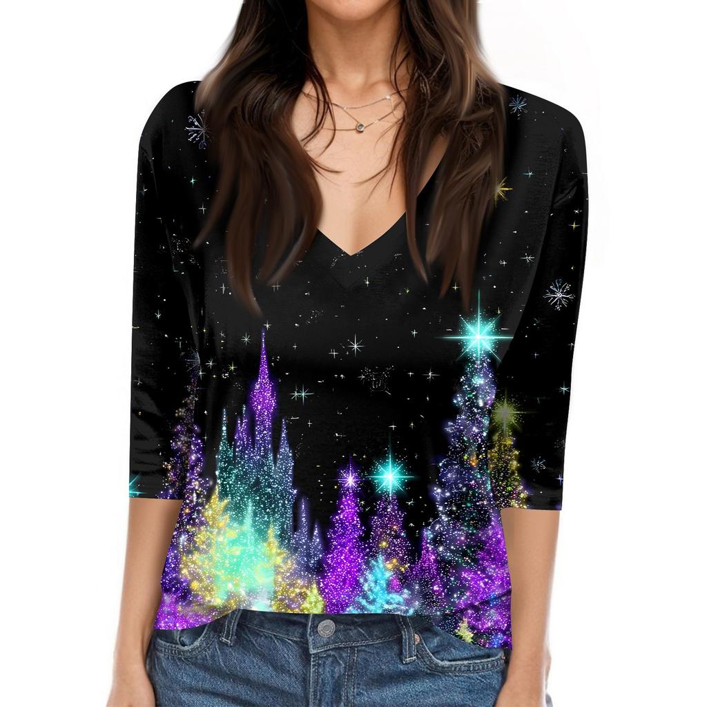 Women's T Shirt CHristmas Print 3/4 Sleeve Daily Weekend Fashion Basic V- Neck Regular Top