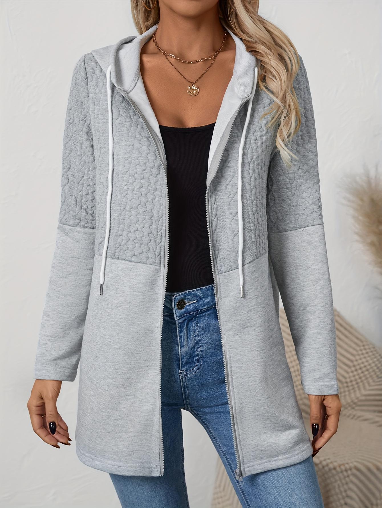 

2026 Women s Autumn and Winter Solid Color Corrugated Pocket Stitching Casual Loose Women s Hooded Jacket S серый