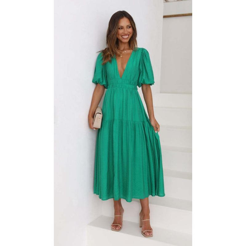 2025 Summer Deep V-neck Puff Short Sleeve Fashion Women Dress New Elegant Solid Color Loose Party Medium and Long Dress Women Slim Fit Women Clothing