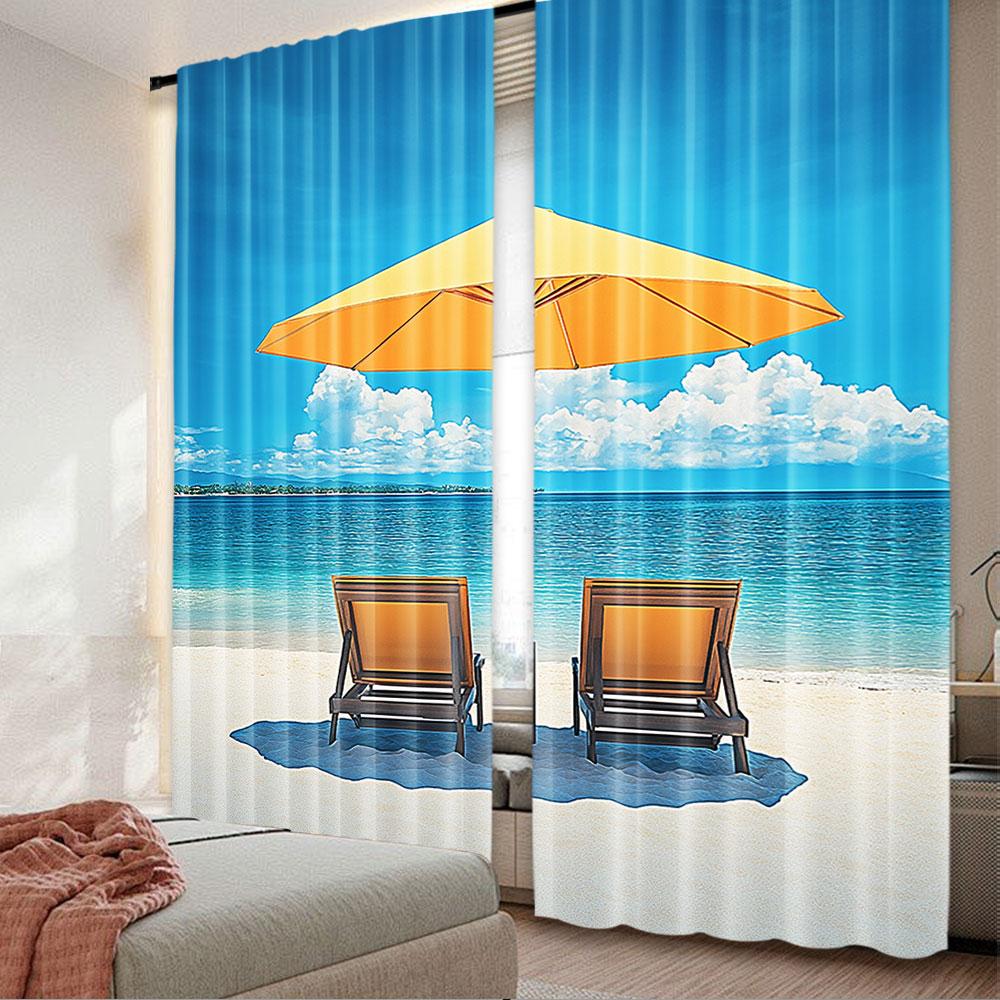 2Pcs Coastal Curtain 2 Chairs And Caribbean Sea Under Umbrella Suitable For Bedroom Bathroom Living Room Dining Room